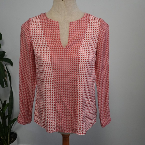 Boden Tops - Boden‎ Blouse Women 4 Red Pink Geometric Silk Blend Split Neck Long Sleeve WA632